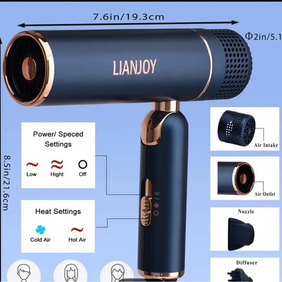 New Foldable Hair Dyer Blue Lightweight 2 Heat Settings Includes Travel Bag - Picture 3 of 10